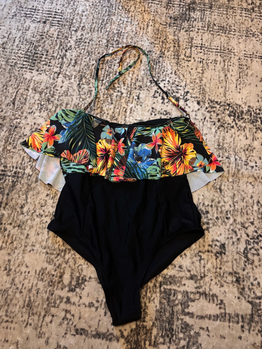 Black One-Shoulder Top with Tropical Floral Band